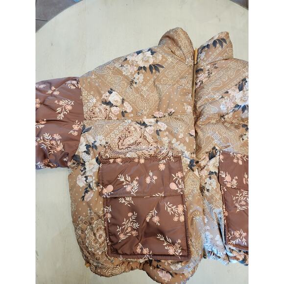 American Eagle Reversible Puffer Jacket Brown Teddy Sherpa Floral - Picture 7 of 12